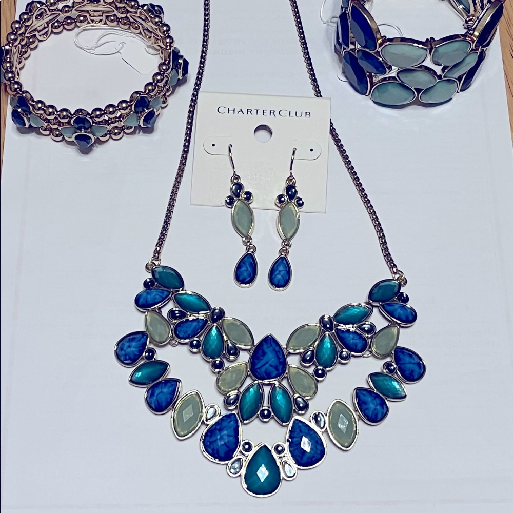 Character Club gold tone turquoise & blue necklace, earrings & brackets